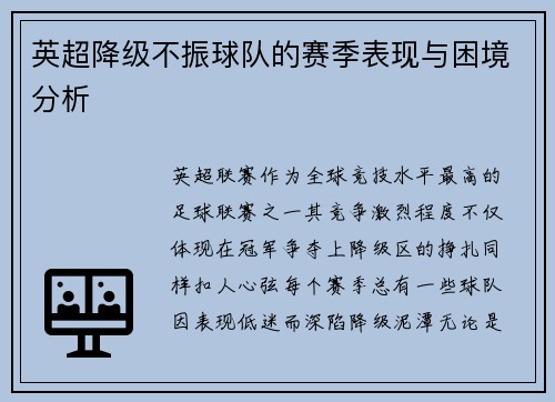 英超降级不振球队的赛季表现与困境分析